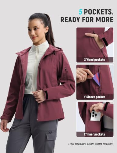 Baleaf Women's Softshell Jacket Fleece Lined Water-Resistant Hooded Coat - Large, Wine Red