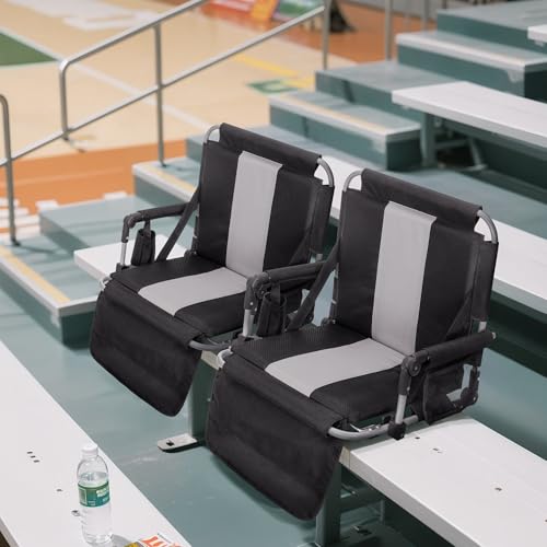 Portable Stadium Seat with Back Support & Cup Holder - Black Grey