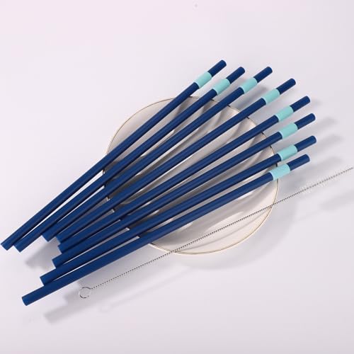 8-Pack Reusable Hard Plastic Straws with Brush - Blue