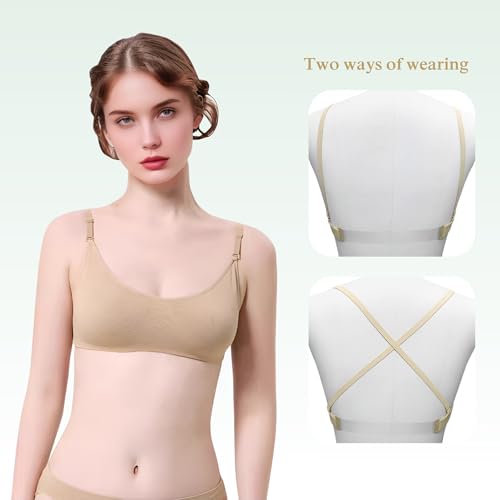 Women's Nude Dance Bra - Clear Strap, Backless, Beige, Size S