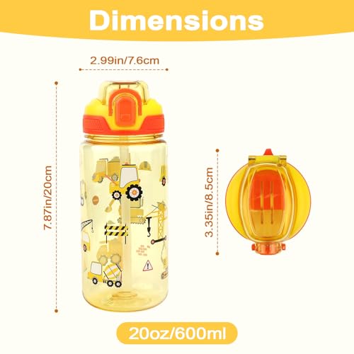 Wooshwa 20 Oz Kids Water Bottle with Flip-Lid, 591 ml (Excavator & Dinosaur) Pack of 2