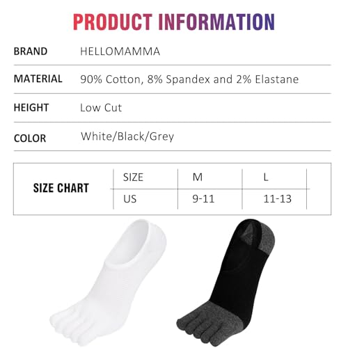 Hellomamma No Show Toe Socks for Men 5-Finger Cotton Low Cut Running Socks 4 Pairs Size 9-15 White