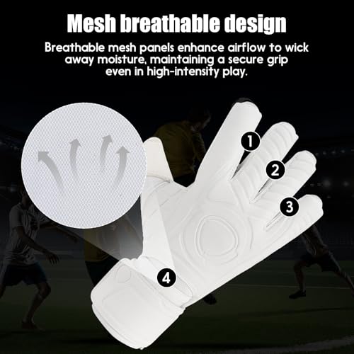 Aegicormy White Soccer Goalkeeper Gloves with Finger Protection - Size 8, Breathable & Strong Grip for Kids, Youth & Adults