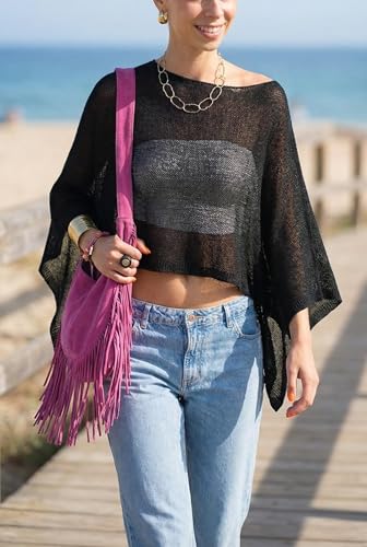 Women Sheer Crochet Mesh Beach Cover Up Shawl - One Size, Black