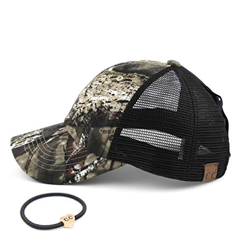 C.C Ponycap Messy High Bun Ponytail Cap - Adjustable Glitter Mesh Trucker Hat, One Size Mossyoak