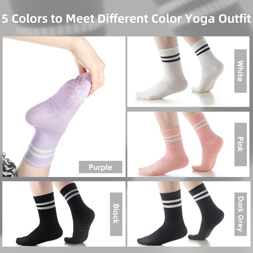 Non-Slip Pilates Yoga Socks with Grips - 5 Pairs for Women