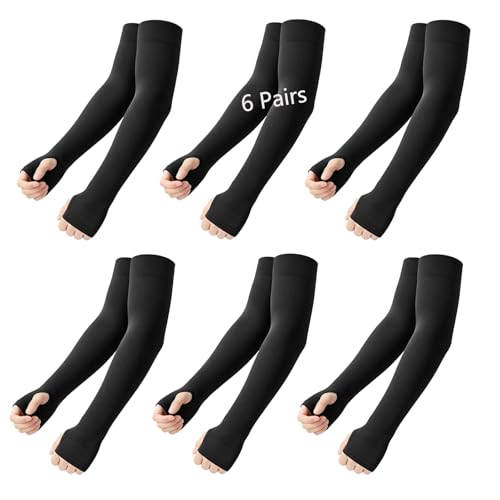 Anpuimult 12 Pairs Black Compression UV Sun Protection Arm Sleeves with Thumb Hole - 6 Pairs Variation