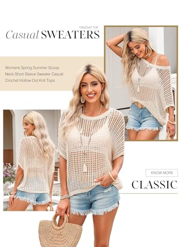 Dokotoo Women's Apricot Summer Crochet Knit Top - Medium, Scoop Neck Short Sleeve Casual Sweater Beach Coverup