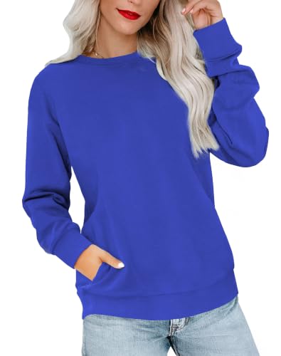 RUMIA Blue Large Crewneck Sweatshirt for Women with Pocket, Fall Long Sleeve Top