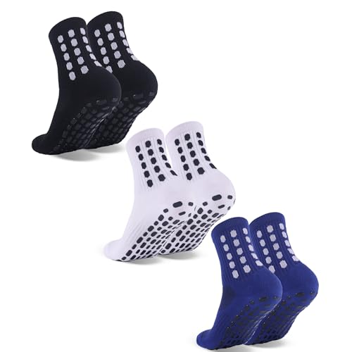 Kids Grip Soccer Socks - Cushioned Non-Slip Athletic Socks - Medium Black+White+Blue