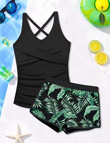 Girls Tankini Swimsuits with Shorts - 2 Piece Criss Cross Set for 11-12 Years - Black & Tropical Print