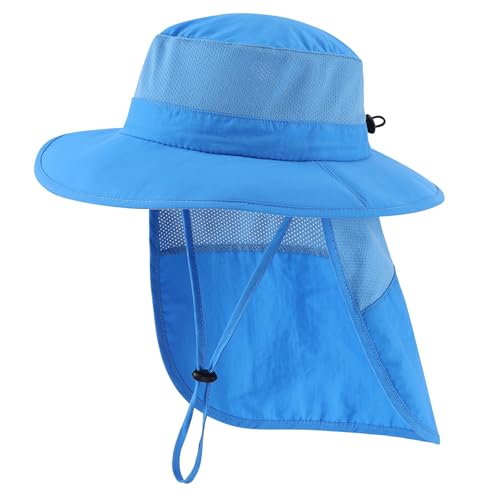 Kids UPF 50+ Wide Brim Sun Hat with Neck Flap - 3-7 Years Blue