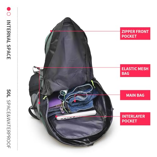 Bseash 50L Hiking Backpack with Shoe Compartment - Water-Resistant Lightweight Outdoor Daypack, Army Green