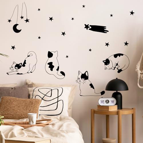 Cartoon Minimalist Cats Stars Wall Stickers for Living Room Nursery Animal Wall Decals Removable Peel and Stick Wall Art Home Decor Decoration for Preschool Bedroom Bathroom Classroom Library