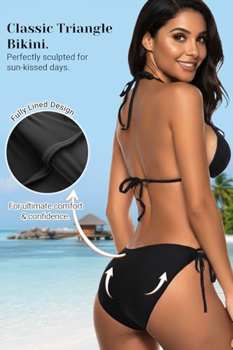 Tempt Me Women's Triangle Bikini Sets Tie Side Bathing Suit Medium Black