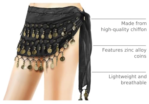 Belly Dance Hip Scarf with Sequins and Coins - Black