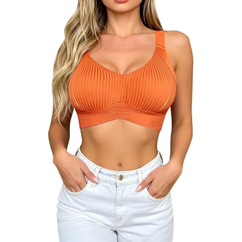 Womens Wireless Sports Bra - Moisture-Wicking Compression Support - Orange, Medium