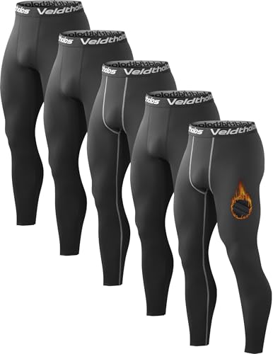Veldtholos 5 Pack Men’s Thermal Compression Pants with Fleece Lined – Black (3 Black + 2 Black/Gray) Medium