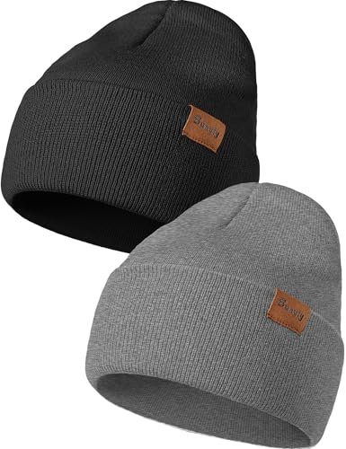 Knit Winter Beanie Hat for Men & Women - Warm Striped Cuffed - Black & Grey