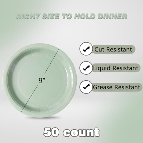 Tyzarglef Sage Green Disposable Paper Plates 9 Inch - Pack of 50