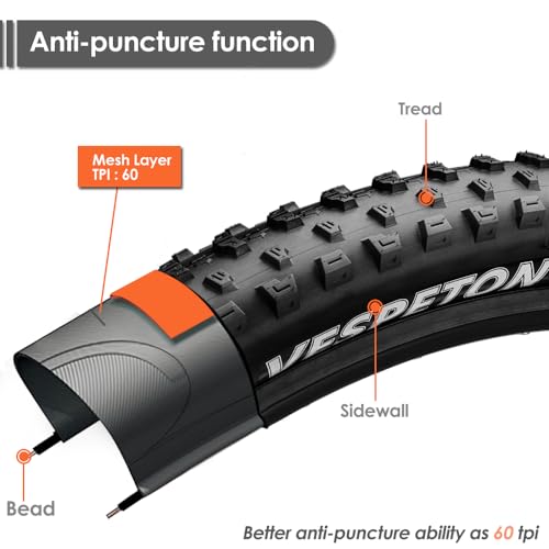 VESPETON 26x2.25 Inch Mountain Bike Tires 2 Pack - High Grip, Puncture-Resistant, Foldable, 60 TPI