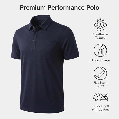Men's Slim Fit Quick Dry Polo Shirt - Short Sleeve, Navy Blue, Medium