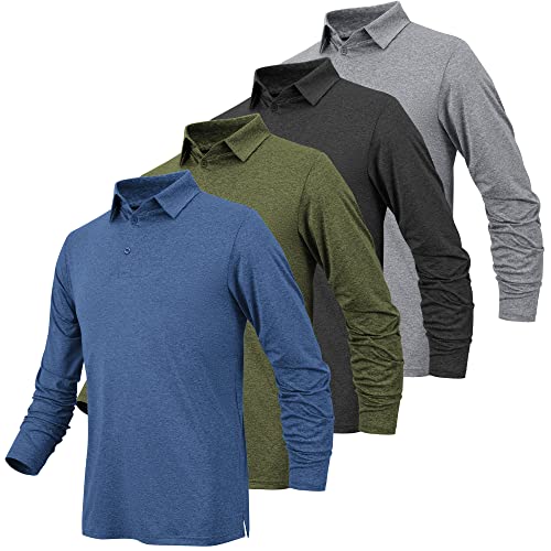 BALENNZ Men's Long Sleeve Golf Polo Shirts 4-Pack - Quick Dry, Blue Green Black Grey