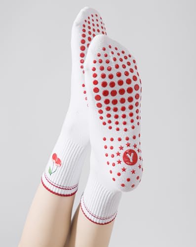 Yawlsow Pilates Grip Socks for Women, Cute Embroidered Yoga Grippy