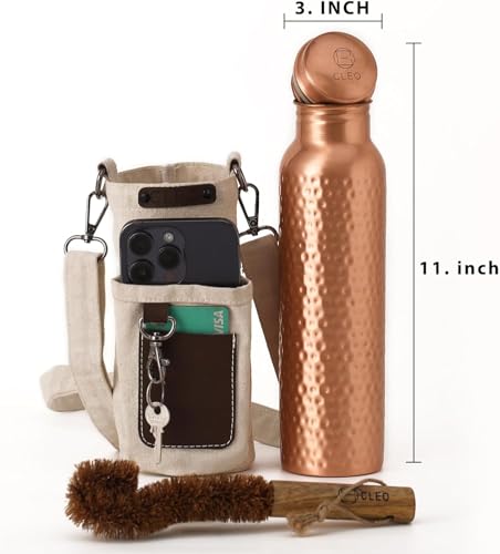 Pure Copper Water Bottle 34oz with Carry Bag & Brush - Eco-Friendly & Leak-Proof
