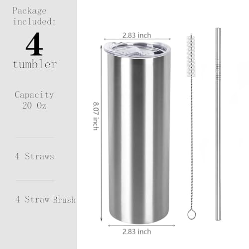 Silver 20 Oz Stainless Steel Skinny Tumbler Set - Travel & DIY Gift, 4 Pack