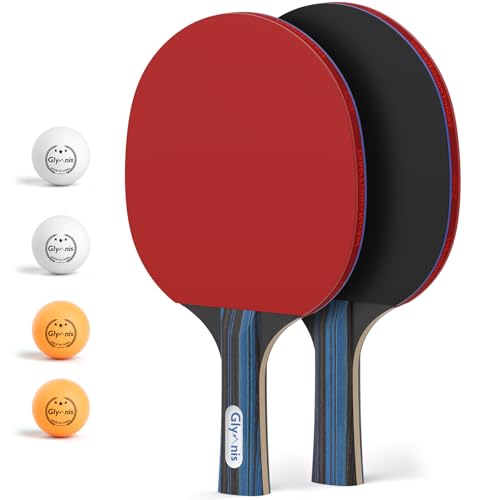 Glymnis Ping Pong Paddles Set of 4/2 Red-Black 2 Paddles with Balls