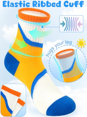 BliBliTaTa Boys Athletic Crew Socks 5-Pack - Cotton, Breathable, Seamless Toes, Size 4-18 Years, Yellow/Orange/Blue/Brown