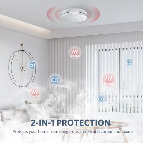 Smoke Detector Carbon Monoxide Detector Combo, 10 Year Battery Fire & CO Alarm with Large Test/Silence Button, Adhesive & Screws Included