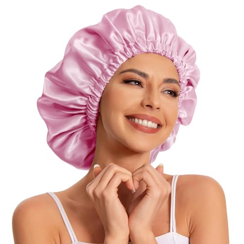 Satin Bonnet for Sleeping - Double Layer Curly Hair Cap - Dark Pink