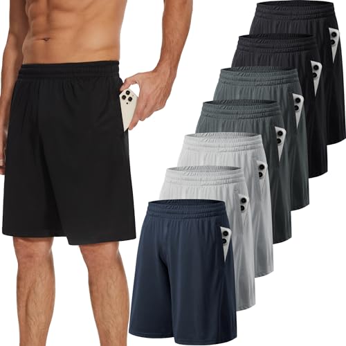 TVKSOM 7 Pack Men's Athletic Shorts - Black/Grey/Navy Running Basketball Gym (Large)