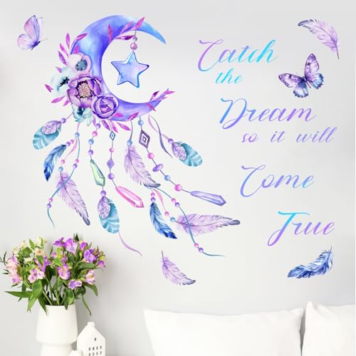 Yovkky Catch The Dream Purple Moon Wall Decals Stickers, Inspirational Dreamcatcher Feathers Flower Butterfly Nursery Decor, Boho Positive Quote Home Decorations Girls Kids Bedroom Living Room Art