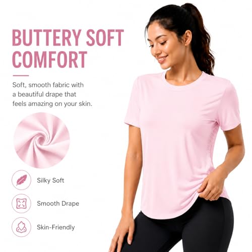 Seamless Short Sleeve Athletic Workout Shirt - Breathable Gym Top - Pink