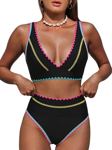 Hilinker Women's Leopard Bikini Swimsuit Set Medium Black Geometric High Waisted Two-Piece