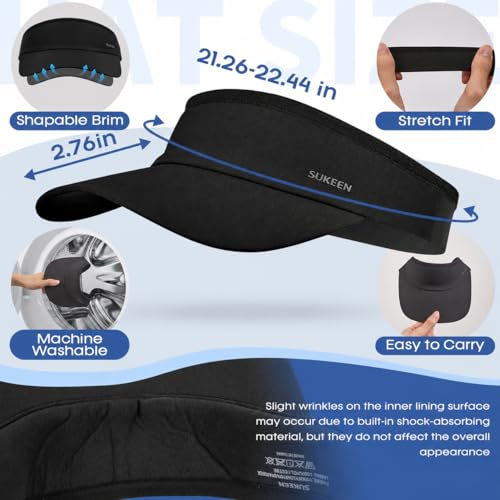 Sukeen Black Sports Sun Visor Hat for Women & Men Moisture-Wicking Foldable