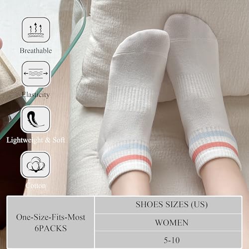 6 Pairs Low Cut Ankle Socks for Women - Cotton Casual - Black, Grey, White, Green, Blue, Pink