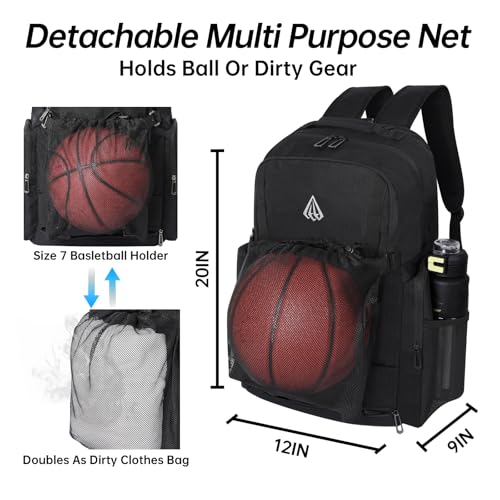 Gemgoal Black Extra Large Basketball Bag with Size 14 Shoe Pocket & Detachable Mesh - New Black