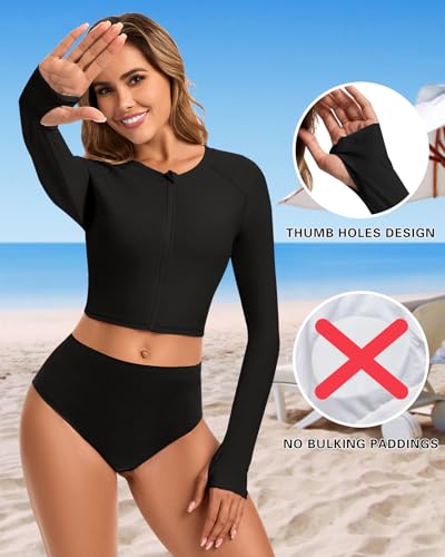 WOWENY Women's Cropped Zip-Up Rash Guard Shirt UPF50+ Long Sleeve Swim Top - Black, Small