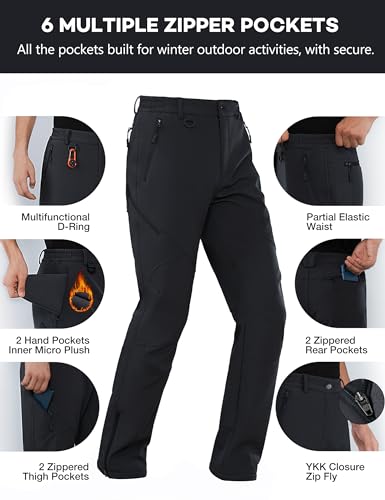 Stlight 34W x 32L Black Snow Ski Pants - Water-Repellent Softshell with Fleece Liner, 6 Zip Pockets