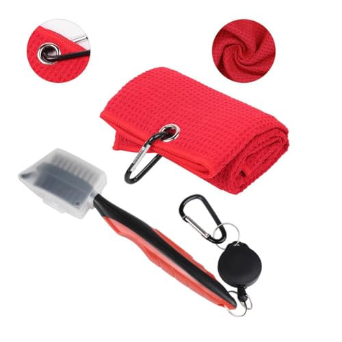 Microfiber Golf Towel and Retractable Club Brush Set - 16x24 Inch - Red