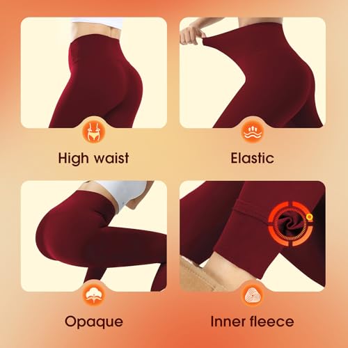 High Waist Thermal Leggings for Women - Fleece Lined, XX-Large Wine Red