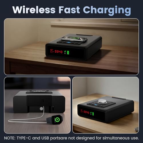 Biometric Gun Safe with Wireless Charging & Alarm Clock - Black