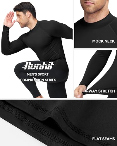 Runhit Men's Compression Shirts Small Long Sleeve Mock Turtleneck Black Workout Base Layer