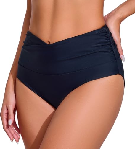 Women's High Waisted Black Bikini Bottoms Large 2026 V-Cross Full Coverage Swimwear