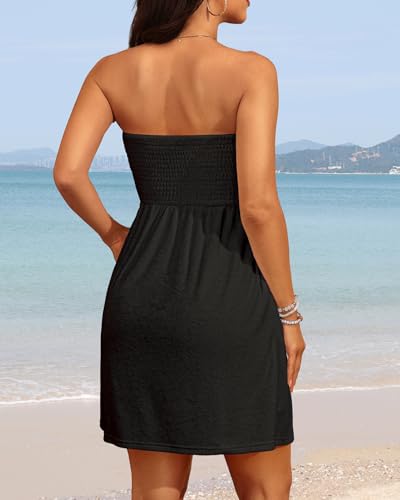 Yonique Medium Black Strapless Terry Cloth Beach Cover Up with Pockets