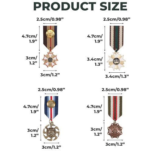 Military Medal Brooch Pins - Vintage Crown Geometric Design - 4 Pack